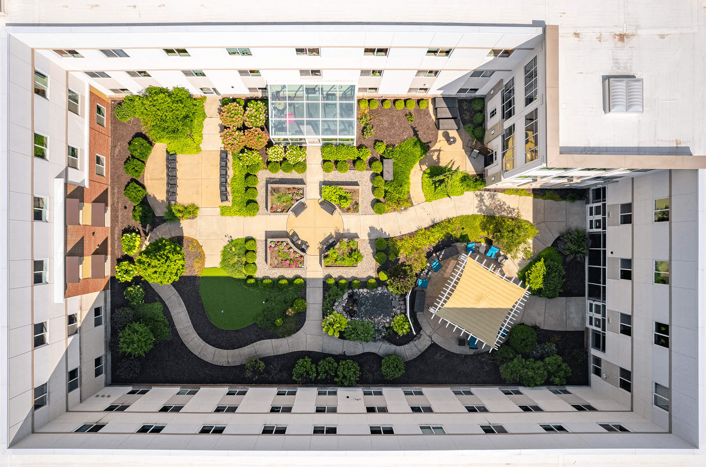 Avalon of Commerce Township birds eye view of garden courtyard