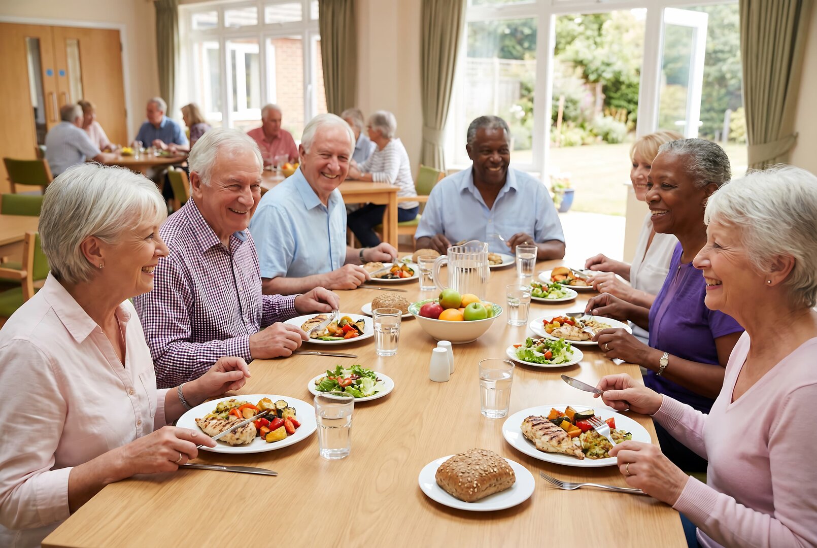 group of senior adults all sitting around table at dinner